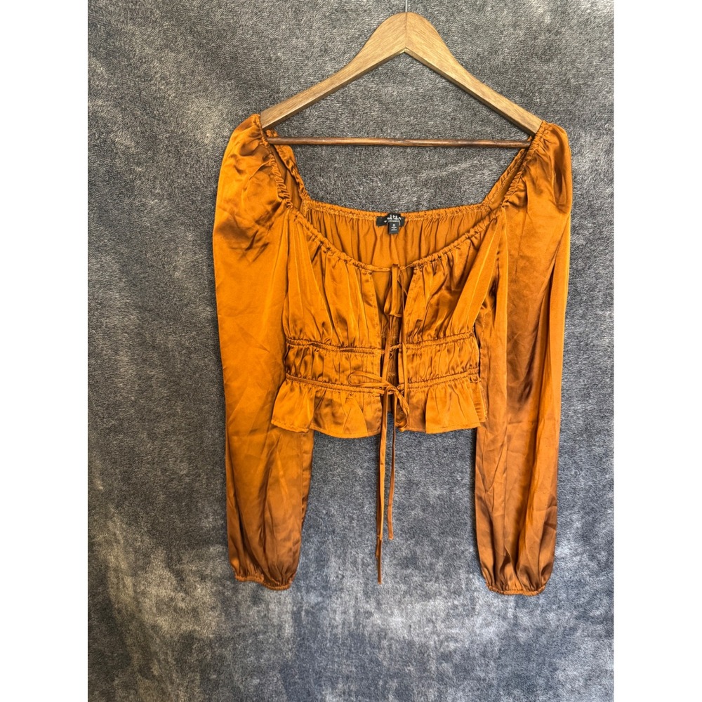 Mixed Threads Los Angeles Rust Orange Satin Tie Front Smocked Crop Top Small
